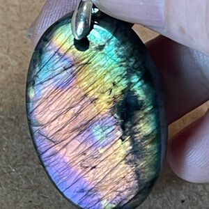 Stunning Super Flashy Purple/Orange/Yellow/Green Labradorite Pendant Necklace